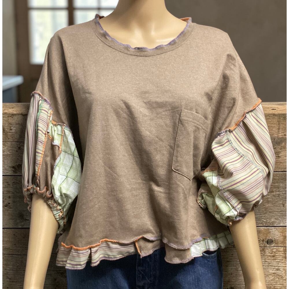 Hanes cotton t-shirt romantic, bohemian silhouette patchwork puff sleeves 2XL